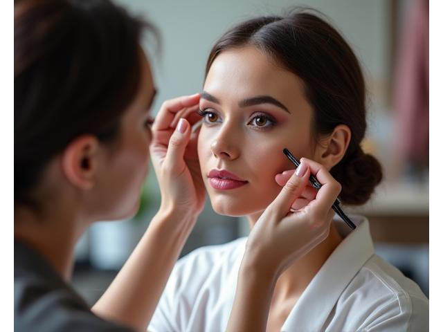 Nahaufnahme von Make-up-Artistin, die einer Modellbraut Make-up aufträgt, im Rahmen eines Workshops