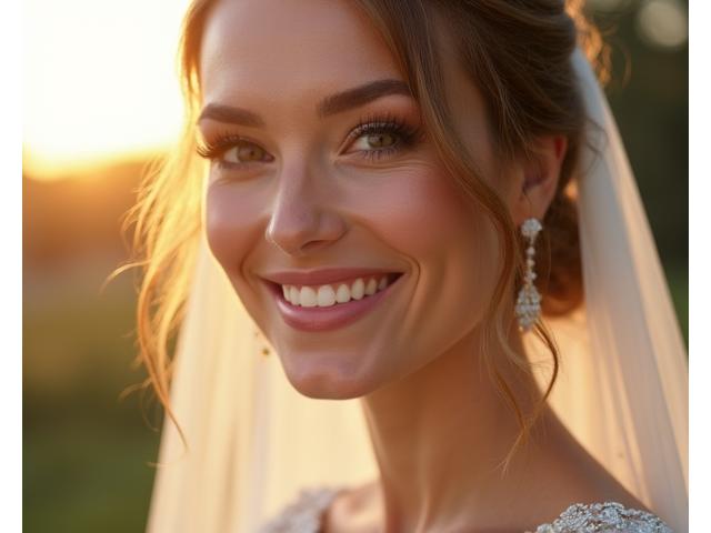 Strahllende Braut mit perfektem Make-up, Before-After-Vergleich