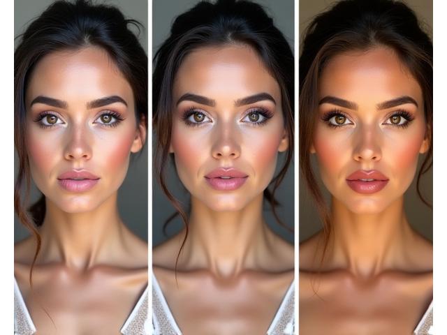 Braut-Make-up unter drei verschiedenen Lichtbedingungen gezeigt: natürliches Licht, Blitz und warmes Innenlicht