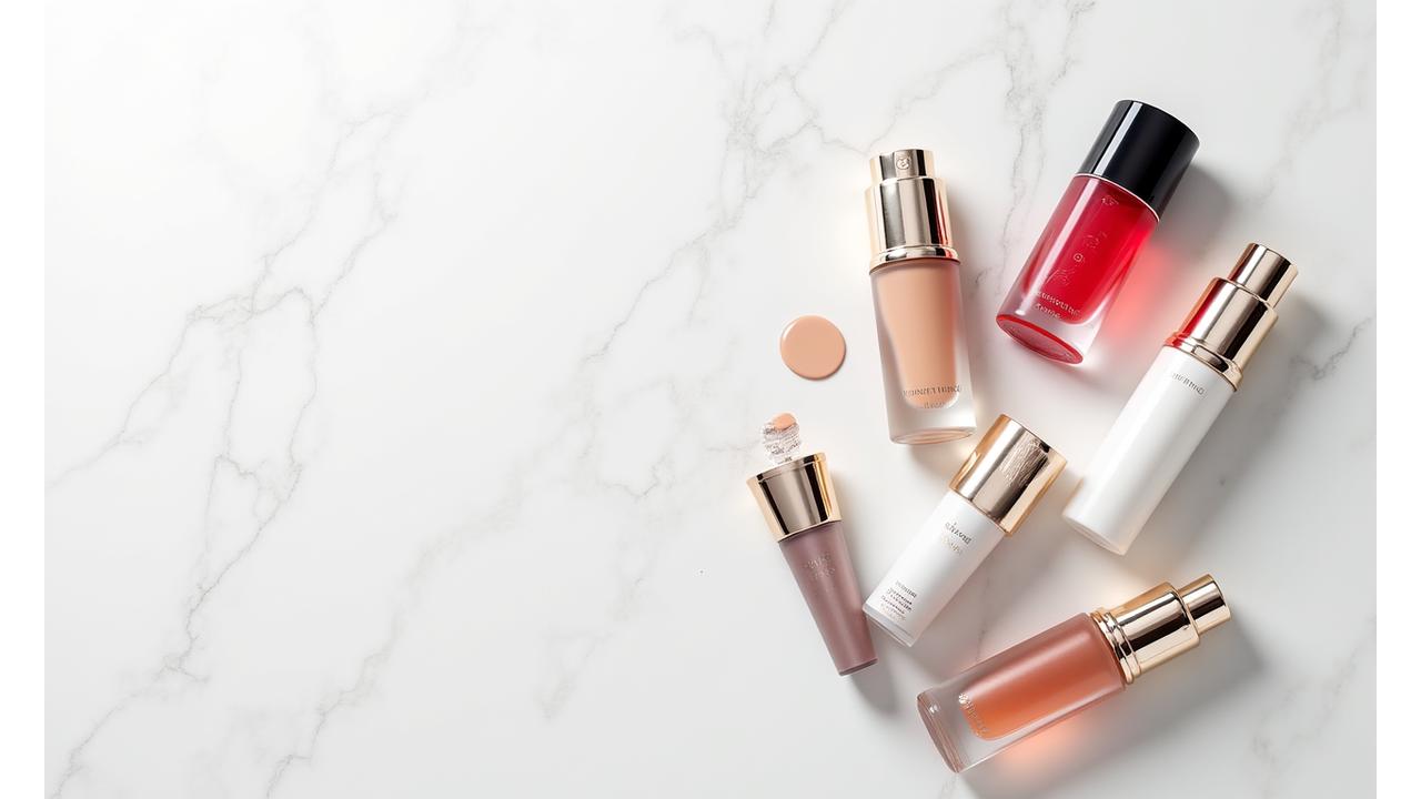 Makeup-Produkte und Tools für haltbares Braut-Make-up, elegant arrangiert