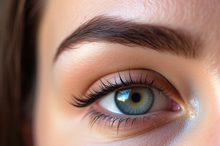 Nahaufnahme eines Auges, das präzise, natürlich aussehende Hair-Stroke-Techniken zeigt, mit einzelnen Härchen, die die Braue definieren.