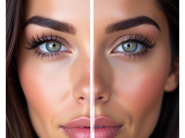 Nahaufnahme eines Gesichts mit einer Seite perfekt gestylter Augenbrauen und Wimpern und der anderen Seite vor dem Styling, um den Transformationseffekt zu zeigen.