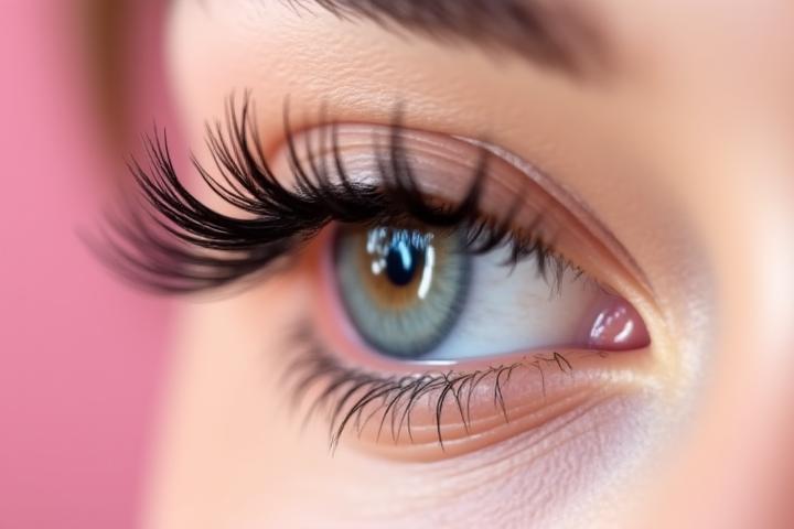 Nahaufnahme eines geöffneten Auges, das verschiedene Mascara-Layering-Techniken und Wimpernzange-Anwendung für Volumen und Schwung demonstriert.