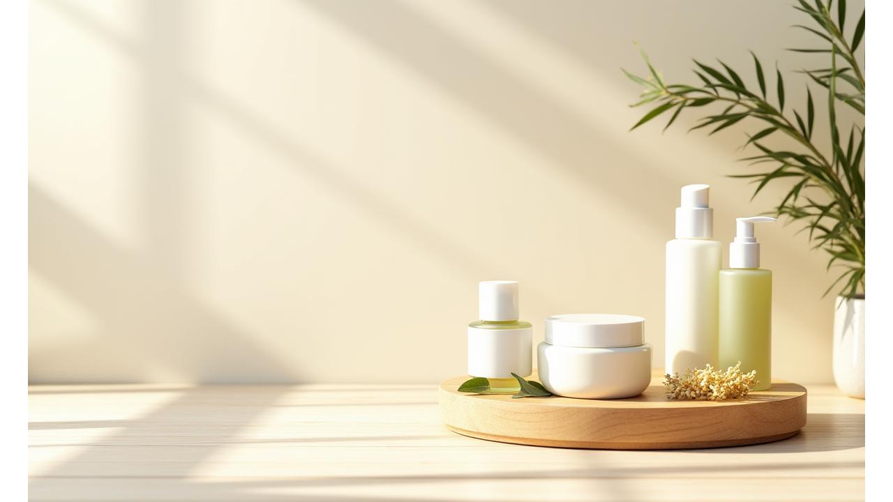 Minimalistische Make-up-Produkte auf einer nachhaltigen Holzoberfläche, umgeben von natürlichen Grünpflanzen, symbolisierend 'Clean Beauty' und 'Skin-First'.