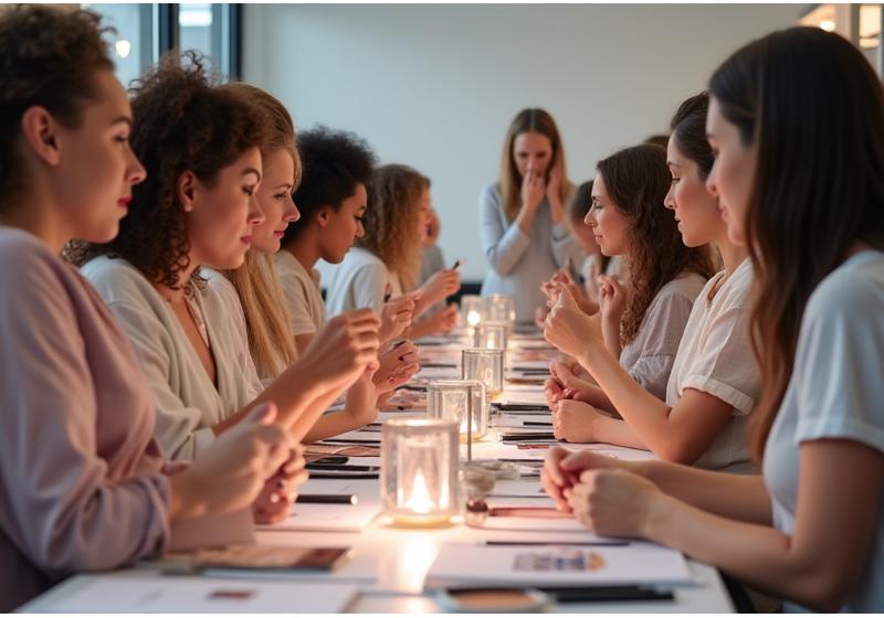 Eine Gruppe von Make-up-Schülern arbeitet konzentriert an Modellen, um Clean Beauty Looks zu kreieren, unter Anleitung eines Trainers, in einem hellen, modernen Atelier.