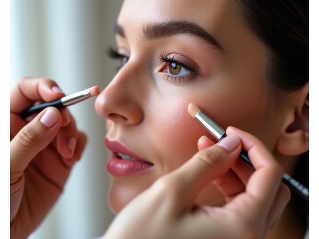 Ein Make-up-Artist arbeitet präzise mit einem Creme-Produkt auf der Haut eines Models, um eine natürliche Textur und einen subtilen Glanz zu erzielen, Fokus auf Hand und Gesicht.