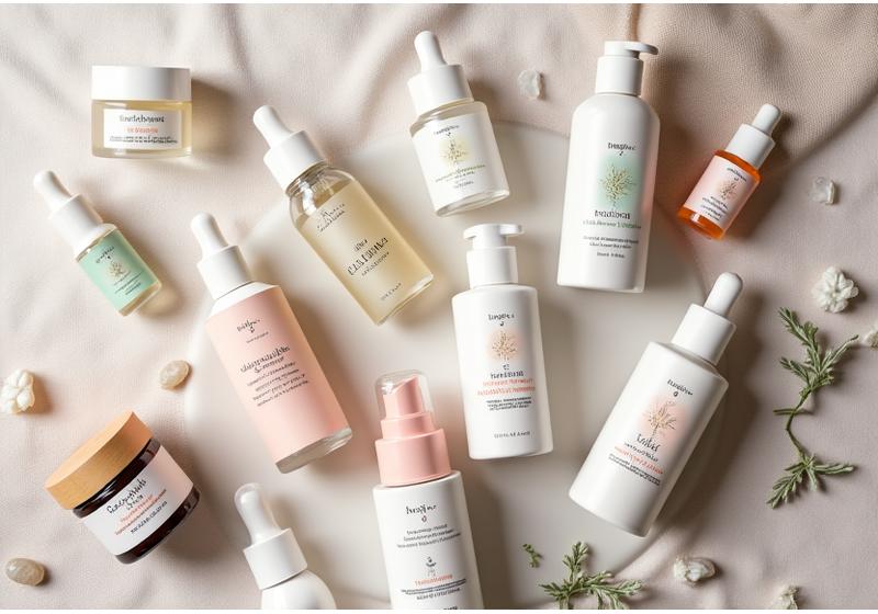 Eine sorgfältig kuratierte Auswahl an Clean Beauty Produkten in eleganten, umweltfreundlichen Verpackungen auf einem Hintergrund aus natürlichen Materialien, wie Bambus und Leinen.