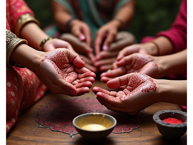 Verschiedene Hände, die symbolisch Henna-Muster, Kajal-Stifte und andere traditionelle Beauty-Elemente halten, repräsentieren kulturelle Vielfalt und respektvolle Integration in der Beauty-Praxis.