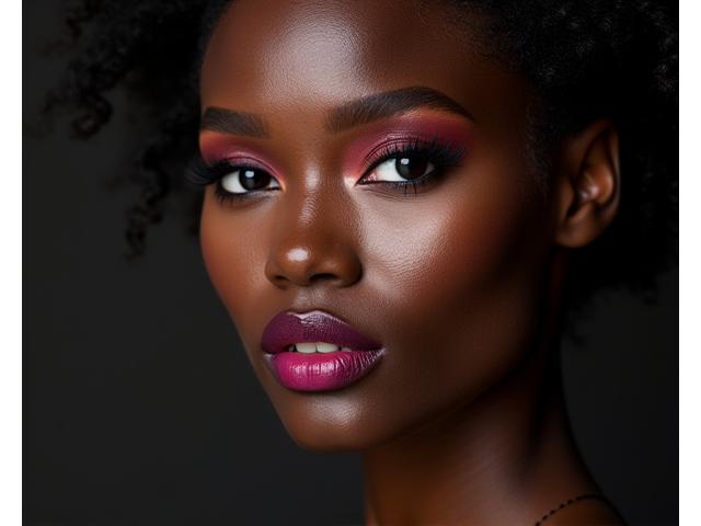 Nahaufnahme eines Models mit tiefem Hautton, dessen Make-up gekonnt Highlight, Kontur und lebendige Augen- und Lippenfarben zeigt, betont die Brillanz von Techniken für dunkle Hauttöne.