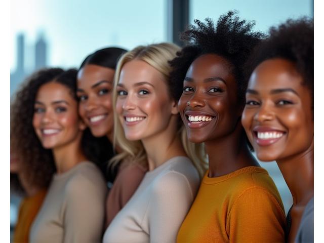 Vielfältige Gruppe von Models mit unterschiedlichen Hauttönen und Haartexturen, freudig und selbstbewusst, zeigt die Schönheit der Inklusiven Make-up-Artistik im Kontext der Hamburger Skyline.