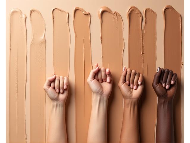 Eine Reihe von Foundation-Swatches auf unterschiedlichen Hauttönen, die eine breite Palette von hell bis dunkel abdecken und die Vielfalt der Farbanpassung zeigen.