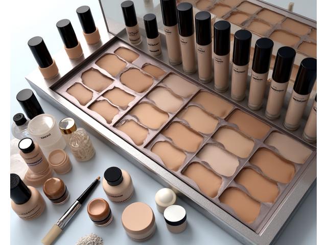Ein professionelles Make-up-Kit mit einer breiten Palette von Foundations, Concealern und Pudern in verschiedenen Hauttönen, geordnet und einsatzbereit, darstellt ein vollständig inklusives Arbeitswerkzeug.