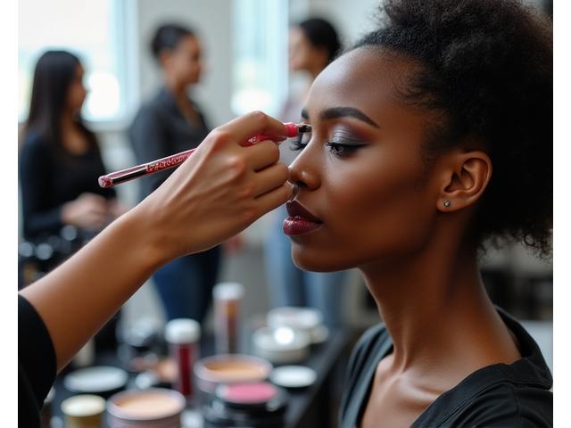 Eine Make-up-Künstlerin arbeitet konzentriert an einem Model mit dunklem Hautton, umgeben von professionellem Equipment, zeigt eine Hands-on-Lernumgebung im SchönGlanz Akademie Workshop.