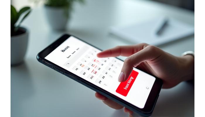 Eine Hand tippt auf einen digitalen Kalender, um einen Termin zu buchen.