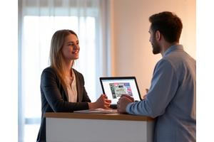 Zwei Personen unterhalten sich vor einem Laptop über Kursoptionen.
