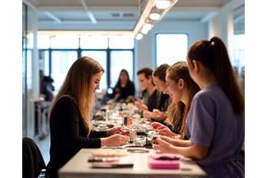 Studenten lächeln bei einem Workshop in einem Make-up-Studio.