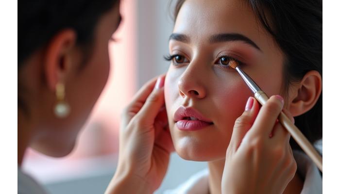 Studentin trägt Make-up auf die Haut eines Modells auf, fokussiert und präzise.