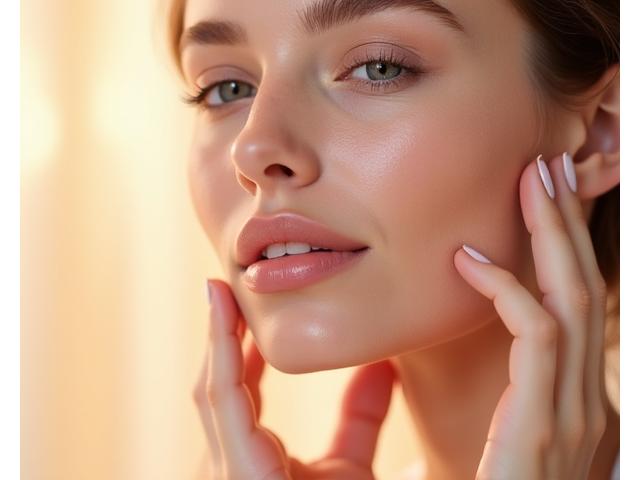 Nahaufnahme von strahlender, gesunder Haut mit minimalem Make-up und sanftem Fokus auf ein Multi-Purpose-Produkt