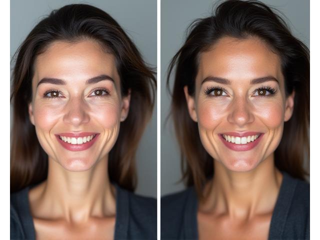 Vorher-Nachher Bild einer Frau mittleren Alters, die eine Verfeinerung des Make-up-Stils und der Hautpflege erfuhr, mit einem eleganten und natürlichen Ergebnis