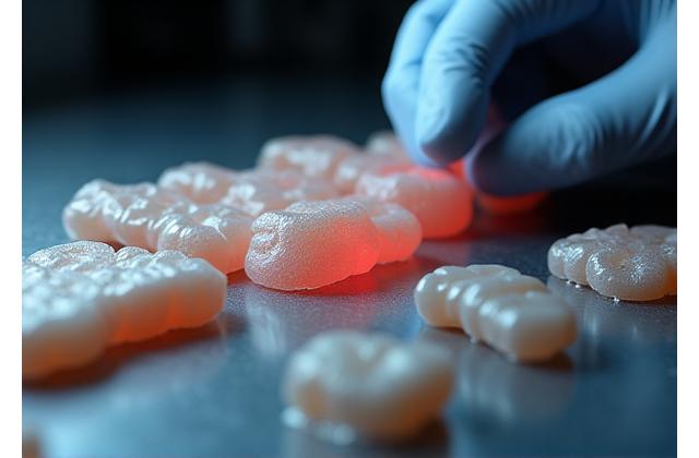 Detailansicht einer Hand, die verschiedene Silikonproben und Modellierwerkzeuge hält
