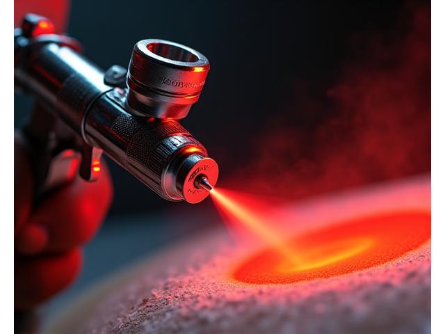 Nahaufnahme einer Airbrush-Pistole, die Farbe auf eine Oberfläche sprüht