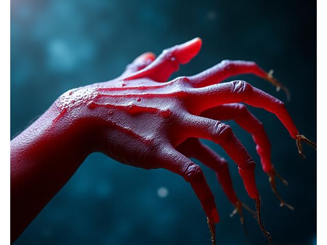 Hand eines Modells mit gruseliger, realistischer Kreaturen-Hauttextur