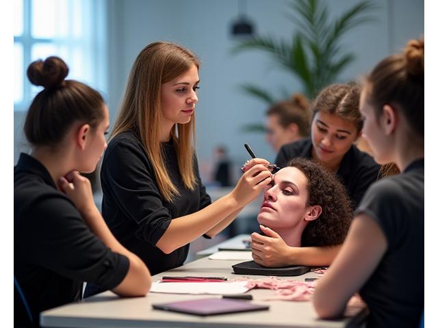 Dozentin demonstriert SFX-Techniken vor einer Gruppe von Schülern in einem Klassenzimmer