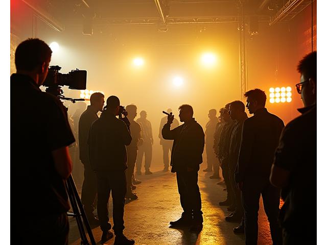 Filmset mit Schauspielern in SFX-Maske und Kameraausrüstung